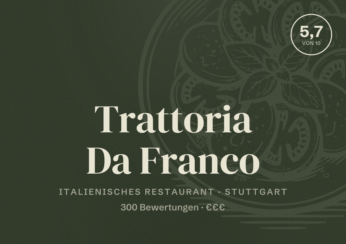 Illustriertes Poster von Trattoria Da Franco, Italienisches Restaurant in Stuttgart: Bewertung 5,7 von 10 aus 300 Bewertungen, Preisniveau €€€