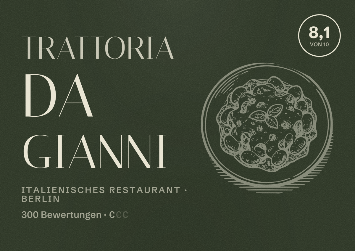 Illustriertes Poster von Trattoria Da Gianni, Italienisches Restaurant in Berlin: Bewertung 8,1 von 10 aus 300 Bewertungen, Preisniveau €