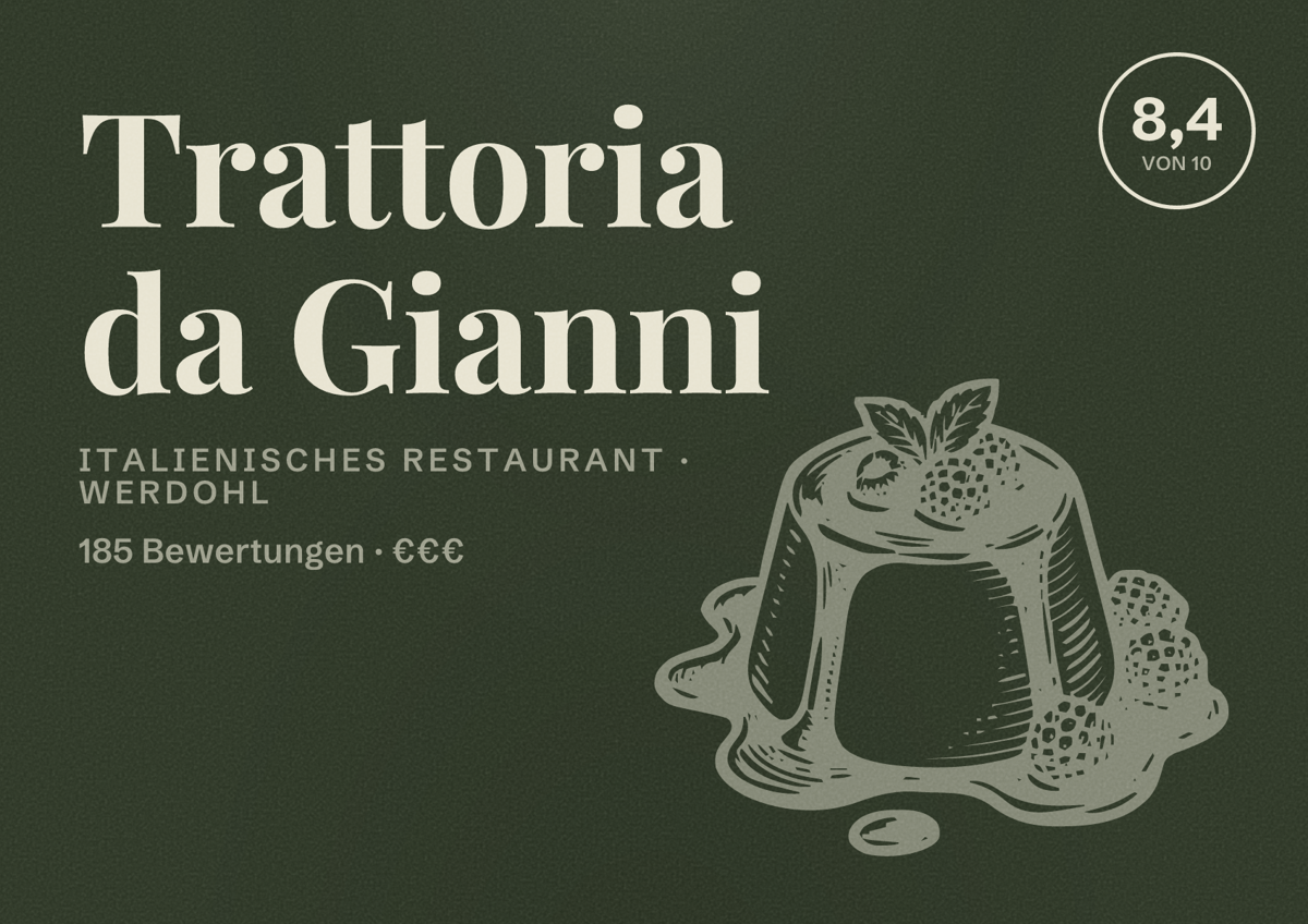 Illustriertes Poster von Trattoria da Gianni, Italienisches Restaurant in Werdohl: Bewertung 8,4 von 10 aus 185 Bewertungen, Preisniveau €€€