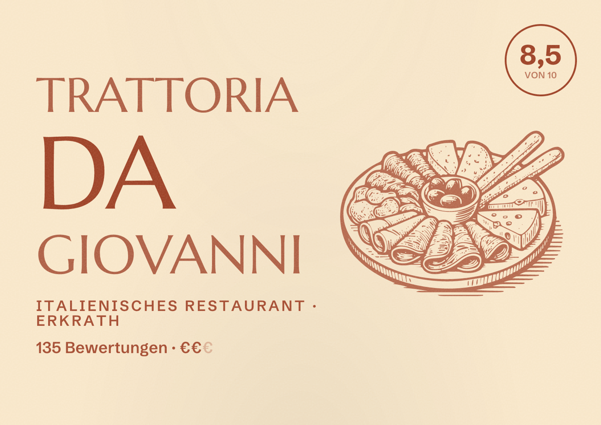 Illustriertes Poster von Trattoria da Giovanni, Italienisches Restaurant in Erkrath: Bewertung 8,5 von 10 aus 135 Bewertungen, Preisniveau €€