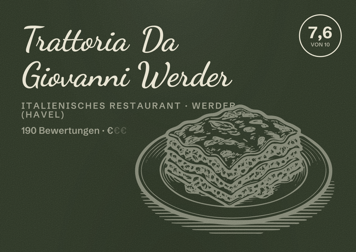 Illustriertes Poster von Trattoria Da Giovanni Werder, Italienisches Restaurant in Werder (Havel): Bewertung 7,6 von 10 aus 190 Bewertungen, Preisniveau €