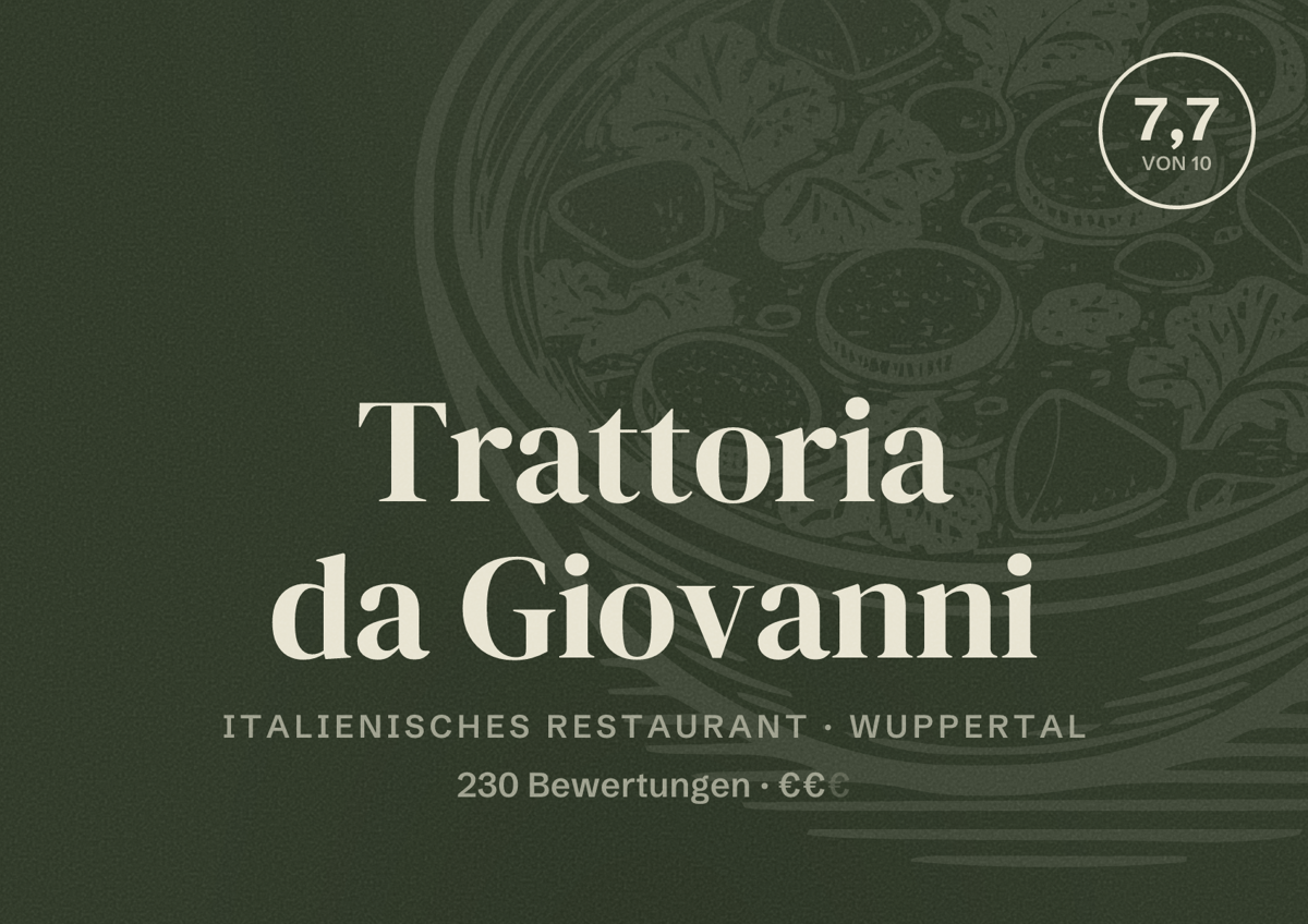 Illustriertes Poster von Trattoria da Giovanni, Italienisches Restaurant in Wuppertal: Gästebewertung 7,7 von 10 aus 230 Bewertungen