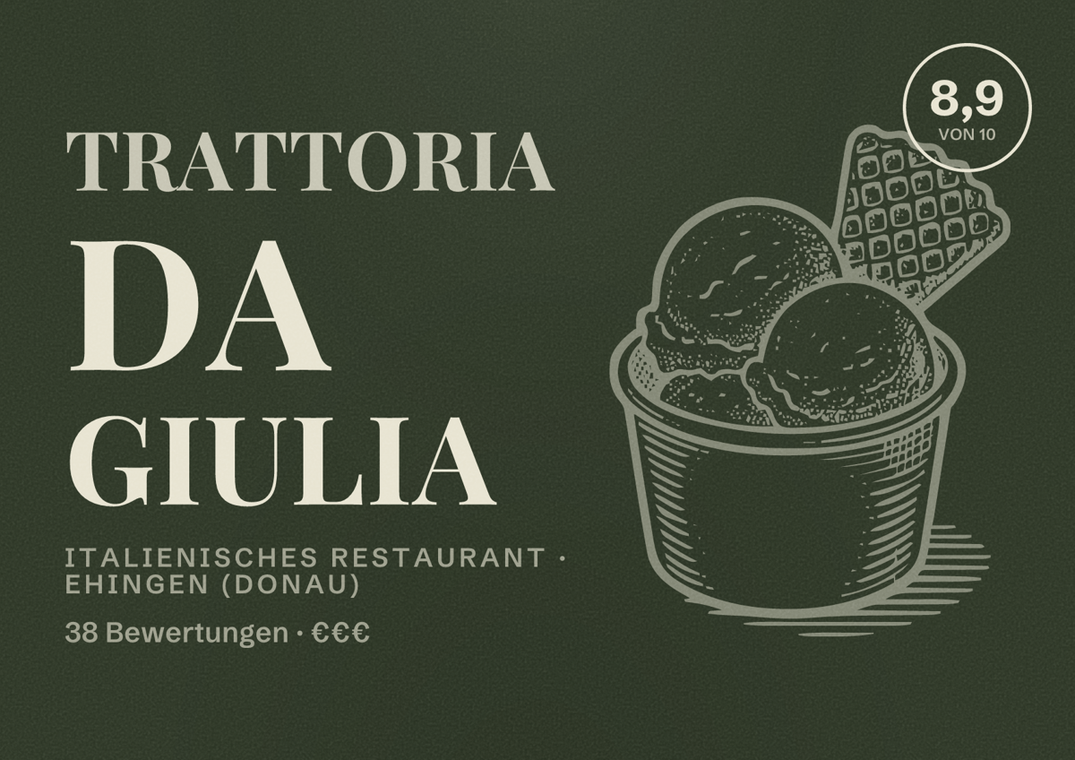 Illustriertes Poster von Trattoria da Giulia, Italienisches Restaurant in Ehingen (Donau): Bewertung 8,9 von 10 aus 38 Bewertungen, Preisniveau €€€