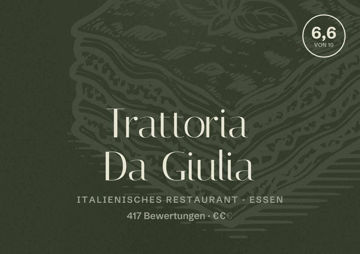 Illustriertes Poster von Trattoria Da Giulia, Italienisches Restaurant in Essen: Bewertung 6,6 von 10 aus 417 Bewertungen, Preisniveau €€