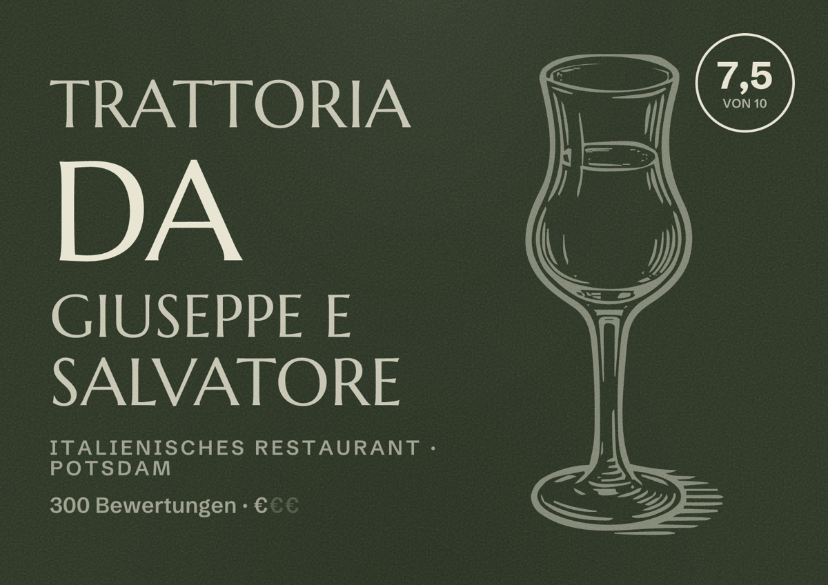 Illustriertes Poster von Trattoria da Giuseppe e Salvatore, Italienisches Restaurant in Potsdam: Bewertung 7,5 von 10 aus 300 Bewertungen, Preisniveau €