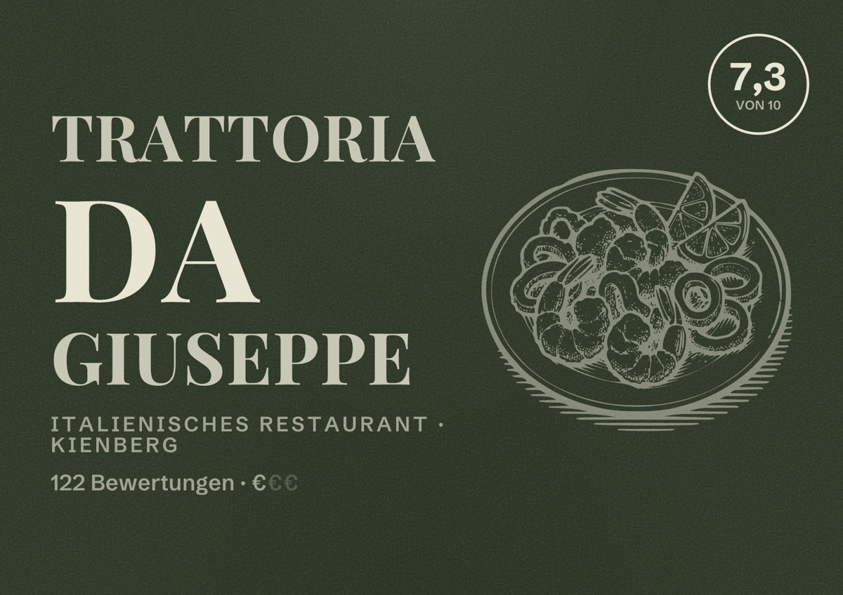 Illustriertes Poster von Trattoria da Giuseppe, Italienisches Restaurant in Kienberg: Bewertung 7,3 von 10 aus 122 Bewertungen, Preisniveau €