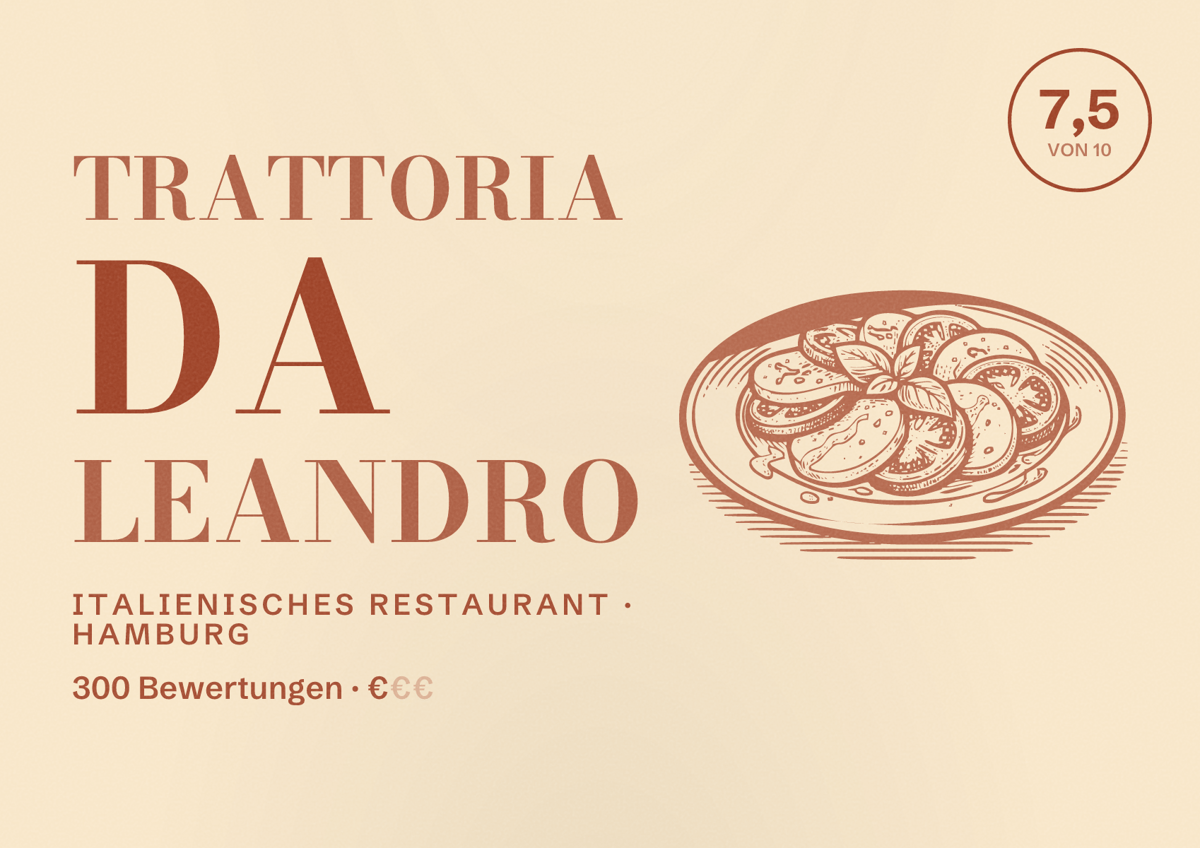 Illustriertes Poster von Trattoria da Leandro, Italienisches Restaurant in Hamburg: Bewertung 7,5 von 10 aus 300 Bewertungen, Preisniveau €