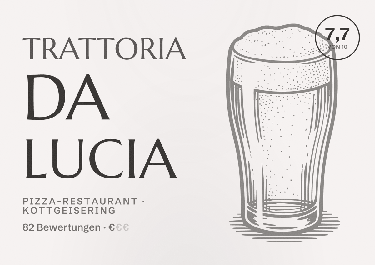 Illustriertes Poster von Trattoria da Lucia, Pizza-Restaurant in Kottgeisering: Bewertung 7,7 von 10 aus 82 Bewertungen, Preisniveau €