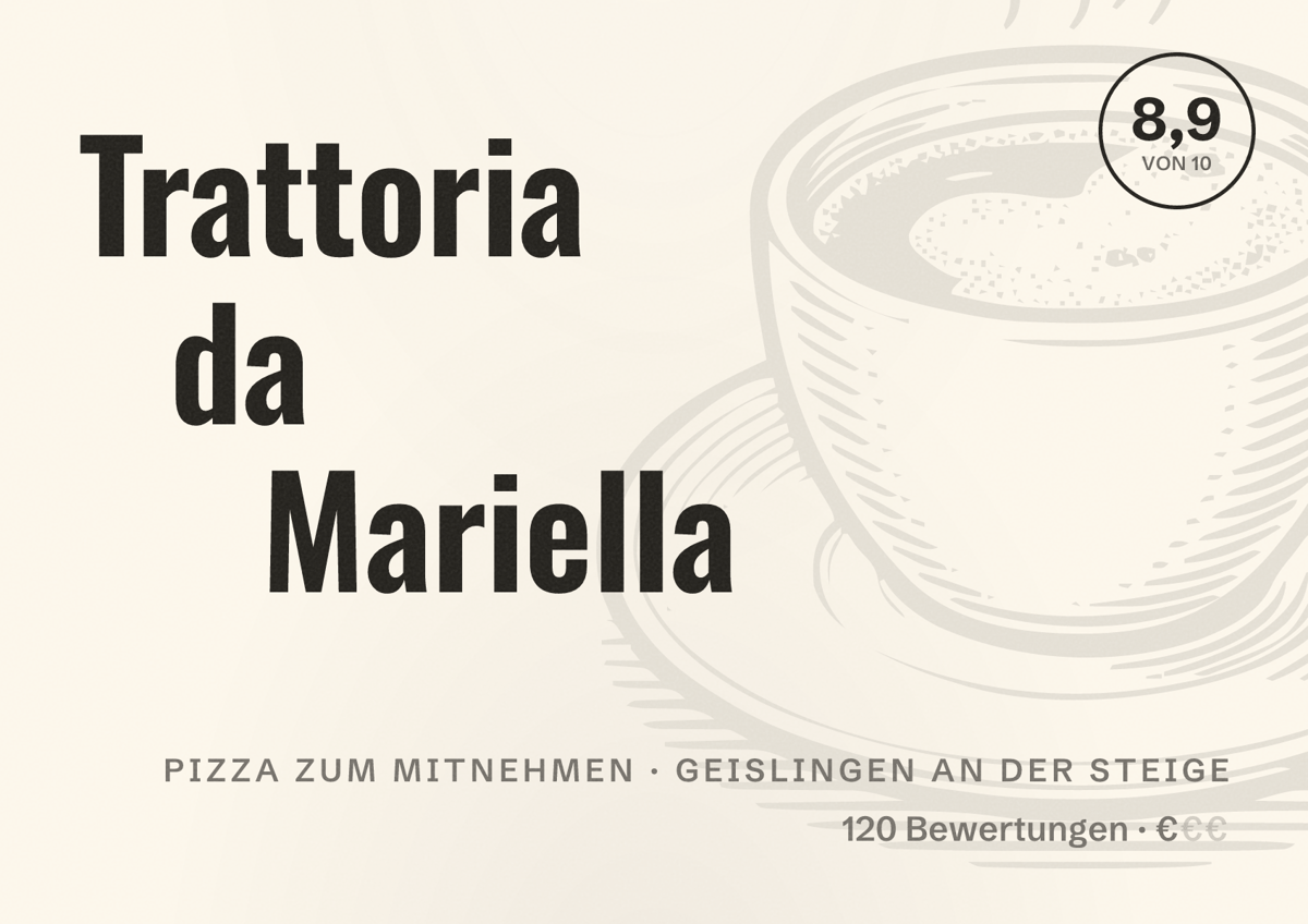 Illustriertes Poster von Trattoria da Mariella, Pizza zum Mitnehmen in Geislingen an der Steige: Bewertung 8,9 von 10 aus 120 Bewertungen, Preisniveau €