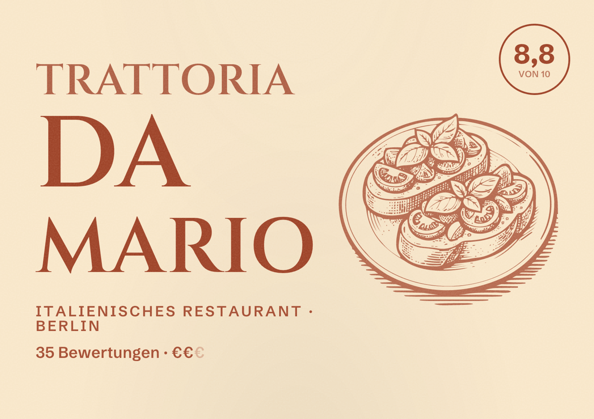 Illustriertes Poster von Trattoria da Mario, Italienisches Restaurant in Berlin: Bewertung 8,8 von 10 aus 35 Bewertungen, Preisniveau €€