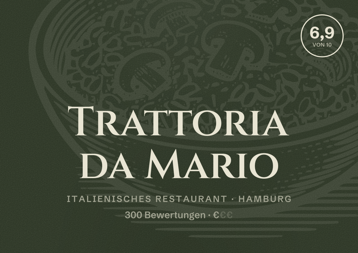 Illustriertes Poster von Trattoria da Mario, Italienisches Restaurant in Hamburg: Bewertung 6,9 von 10 aus 300 Bewertungen, Preisniveau €
