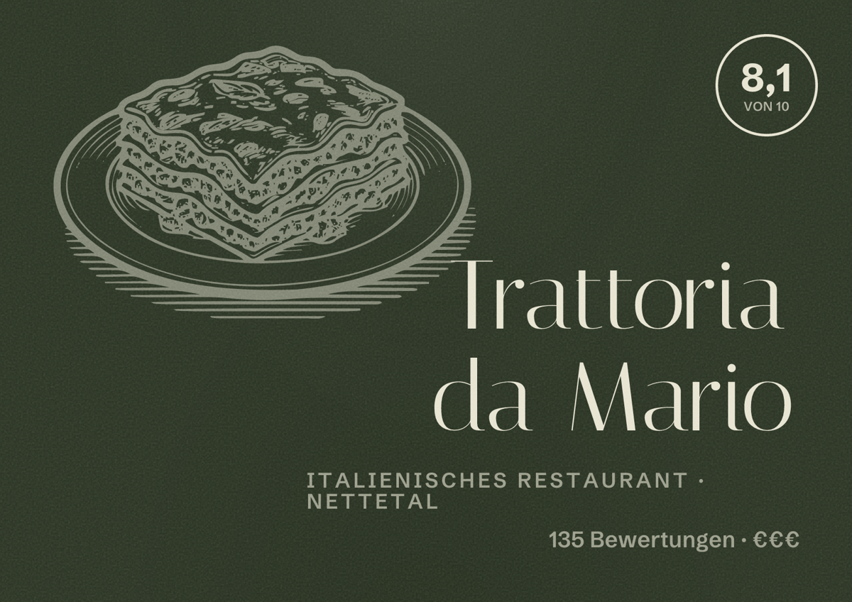 Illustriertes Poster von Trattoria da Mario, Italienisches Restaurant in Nettetal: Bewertung 8,1 von 10 aus 135 Bewertungen, Preisniveau €€€