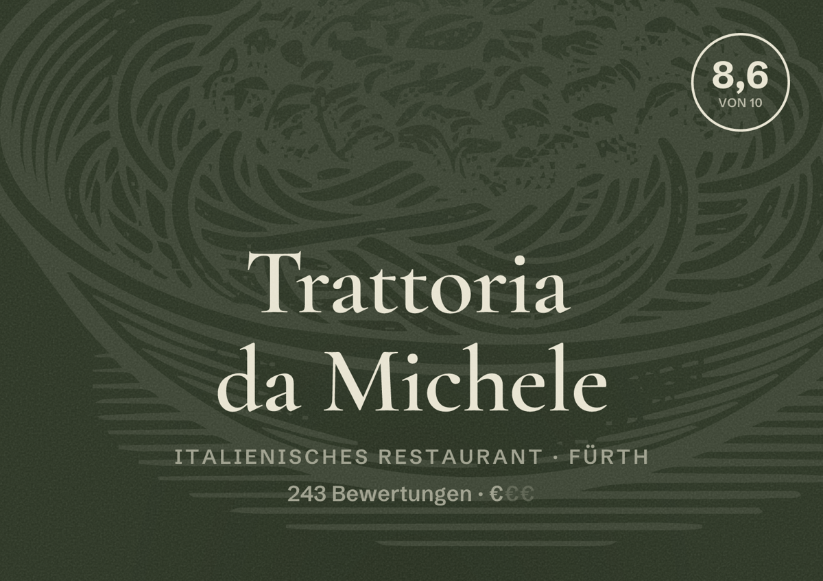 Illustriertes Poster von Trattoria da Michele, Italienisches Restaurant in Fürth: Bewertung 8,6 von 10 aus 243 Bewertungen, Preisniveau €