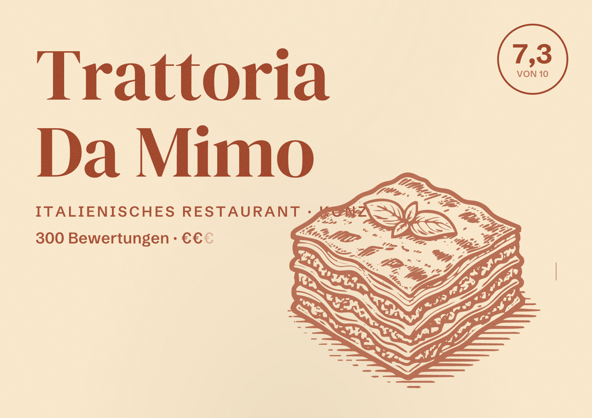 Illustriertes Poster von Trattoria Da Mimo, Italienisches Restaurant in Konz: Bewertung 7,3 von 10 aus 300 Bewertungen, Preisniveau €€