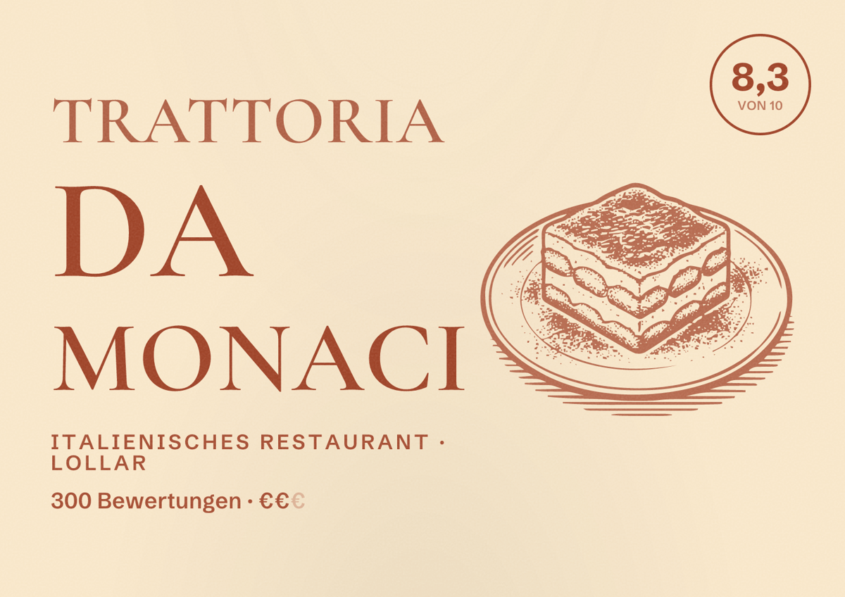 Illustriertes Poster von Trattoria da Monaci, Italienisches Restaurant in Lollar: Bewertung 8,3 von 10 aus 300 Bewertungen, Preisniveau €€
