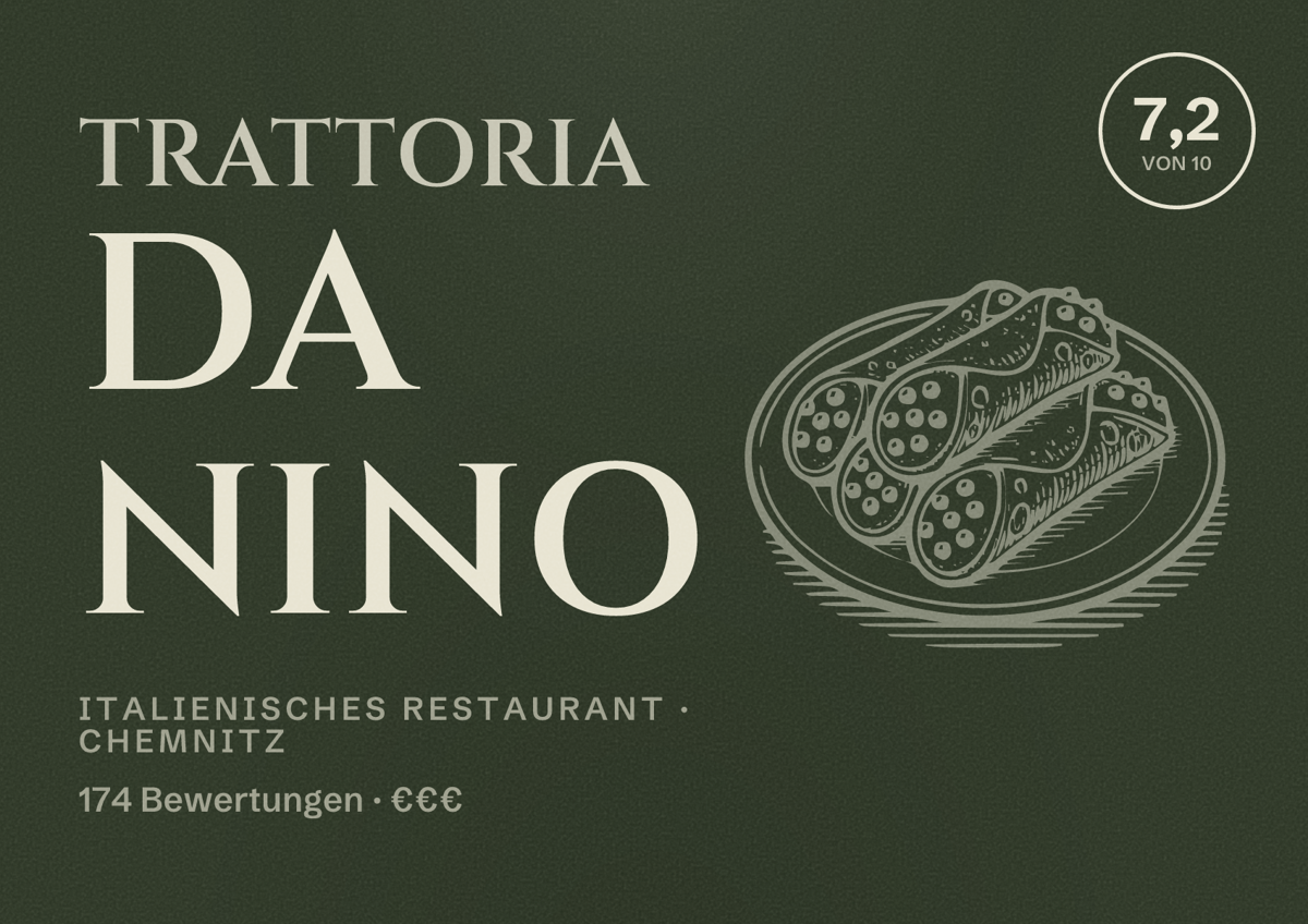 Illustriertes Poster von Trattoria Da Nino, Italienisches Restaurant in Chemnitz: Bewertung 7,2 von 10 aus 174 Bewertungen, Preisniveau €€€