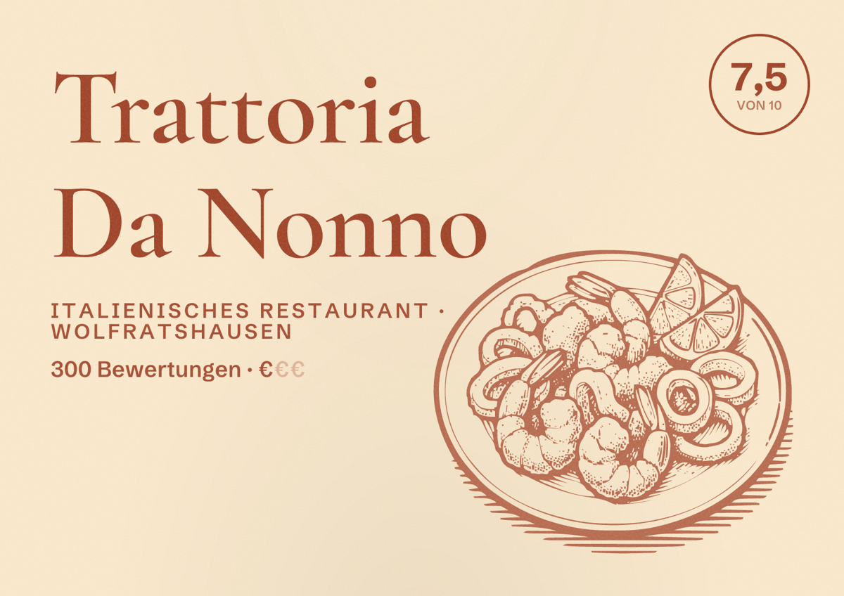 Illustriertes Poster von Trattoria Da Nonno, Italienisches Restaurant in Wolfratshausen: Bewertung 7,5 von 10 aus 300 Bewertungen, Preisniveau €