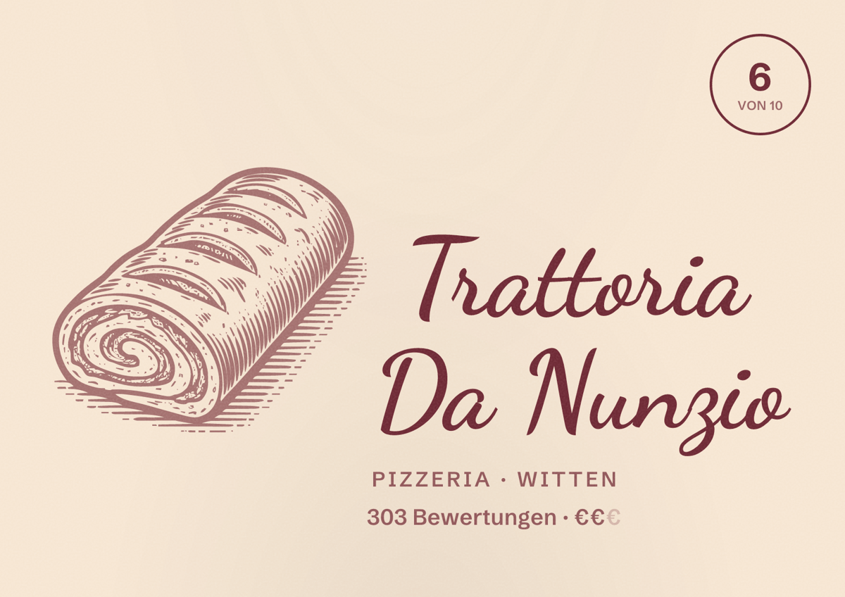 Illustriertes Poster von Trattoria Da Nunzio, Pizzeria in Witten: Bewertung 6 von 10 aus 303 Bewertungen, Preisniveau €€