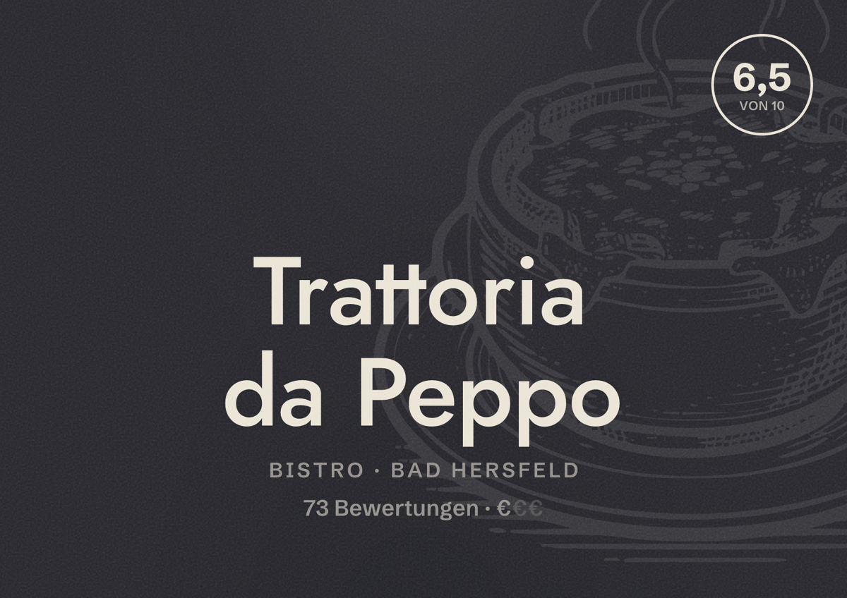 Illustriertes Poster von Trattoria da Peppo, Bistro in Bad Hersfeld: Bewertung 6,5 von 10 aus 73 Bewertungen, Preisniveau €