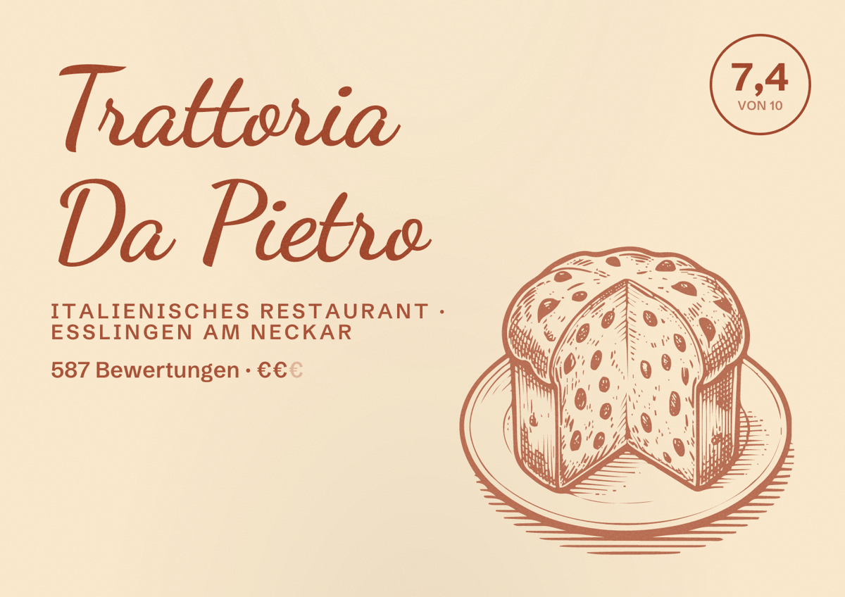 Illustriertes Poster von Trattoria Da Pietro, Italienisches Restaurant in Esslingen am Neckar: Gästebewertung 7,4 von 10 aus 587 Bewertungen