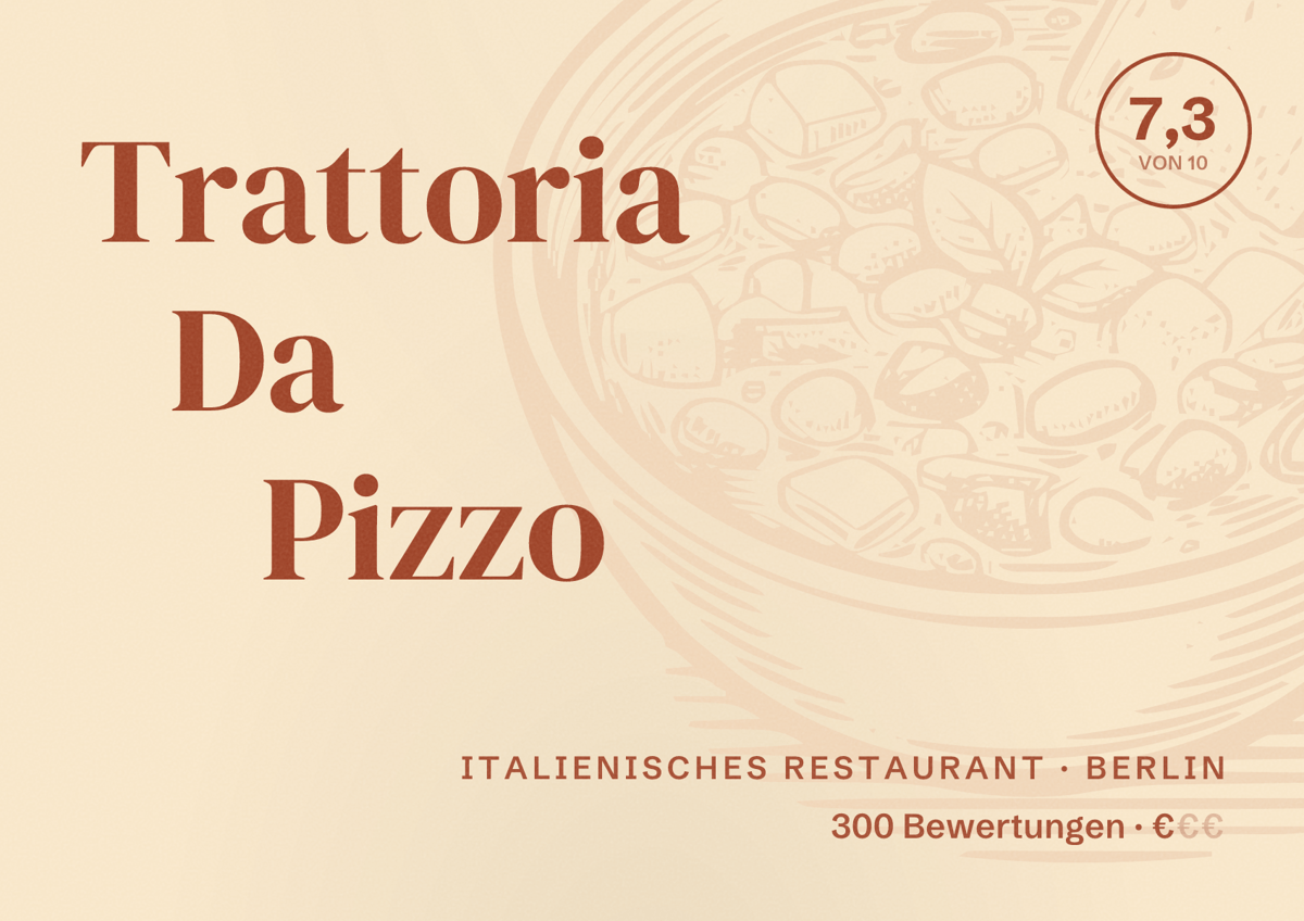 Illustriertes Poster von Trattoria Da Pizzo, Italienisches Restaurant in Berlin: Bewertung 7,3 von 10 aus 300 Bewertungen, Preisniveau €
