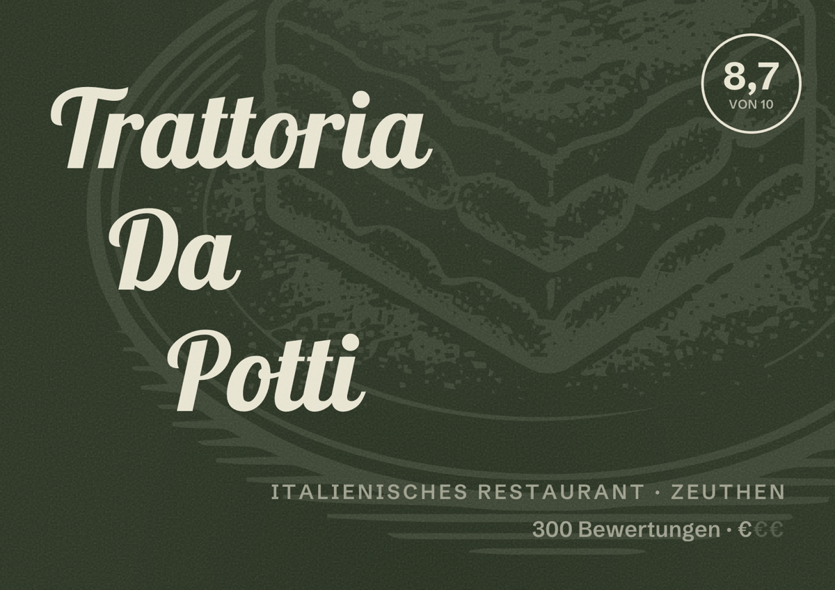 Illustriertes Poster von Trattoria Da Potti, Italienisches Restaurant in Zeuthen: Bewertung 8,7 von 10 aus 300 Bewertungen, Preisniveau €