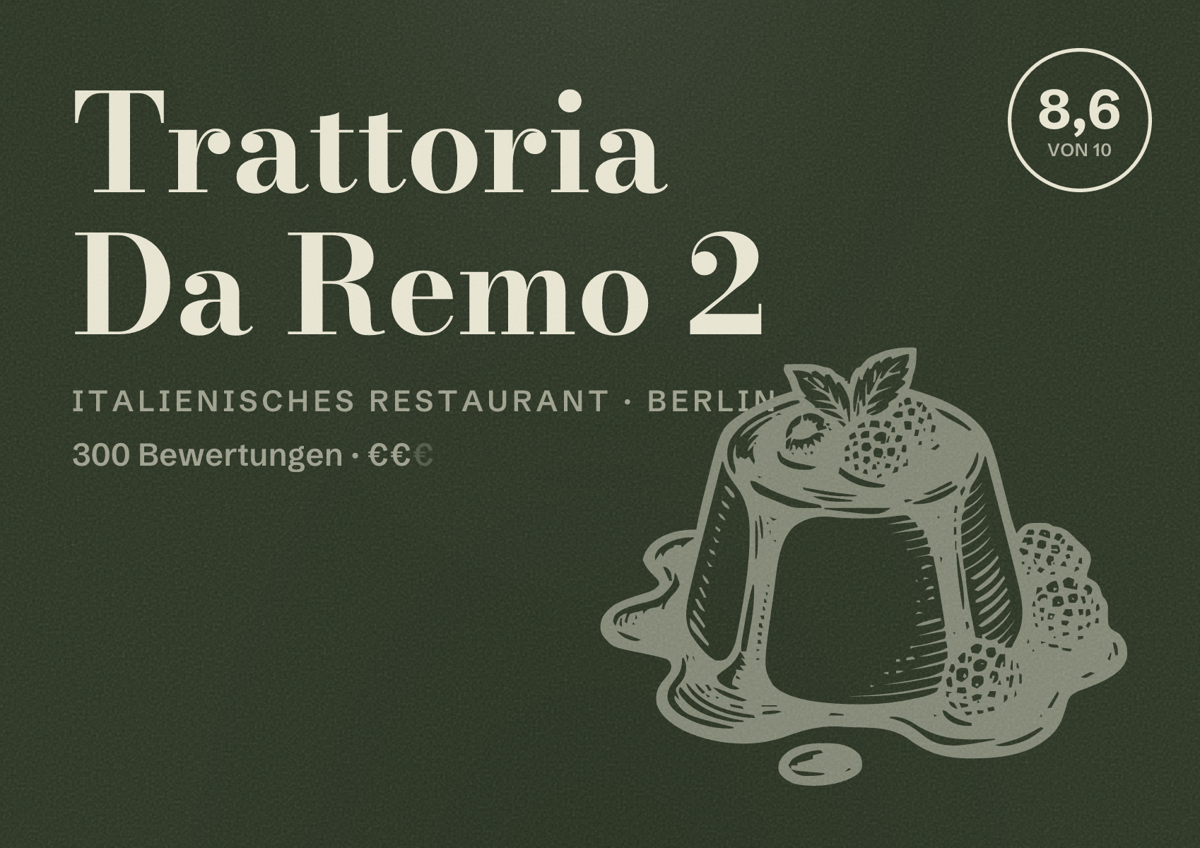 Illustriertes Poster von Trattoria Da Remo 2, Italienisches Restaurant in Berlin: Bewertung 8,6 von 10 aus 300 Bewertungen, Preisniveau €€