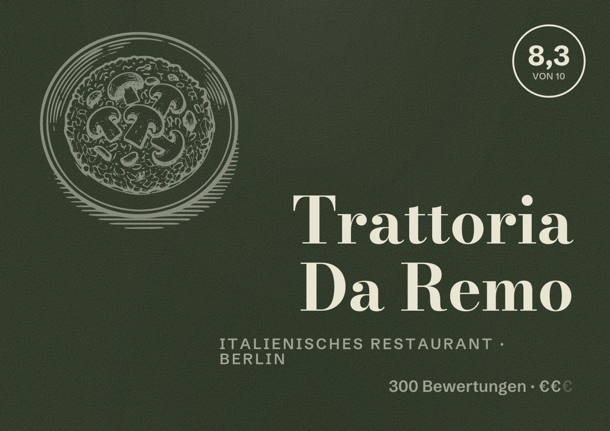 Illustriertes Poster von Trattoria Da Remo, Italienisches Restaurant in Berlin: Bewertung 8,3 von 10 aus 300 Bewertungen, Preisniveau €€