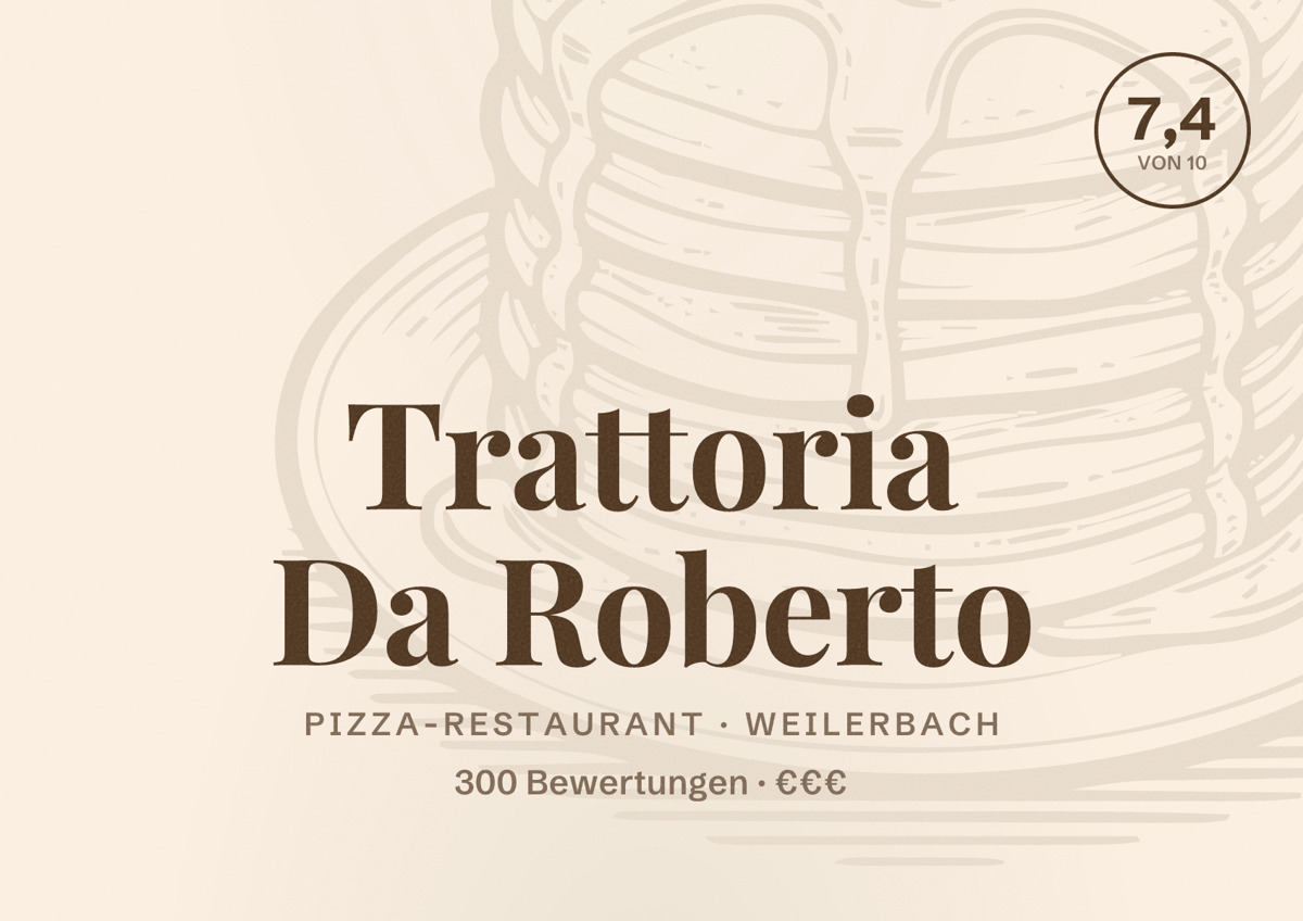 Illustriertes Poster von Trattoria Da Roberto, Pizza-Restaurant in Weilerbach: Bewertung 7,4 von 10 aus 300 Bewertungen, Preisniveau €€€