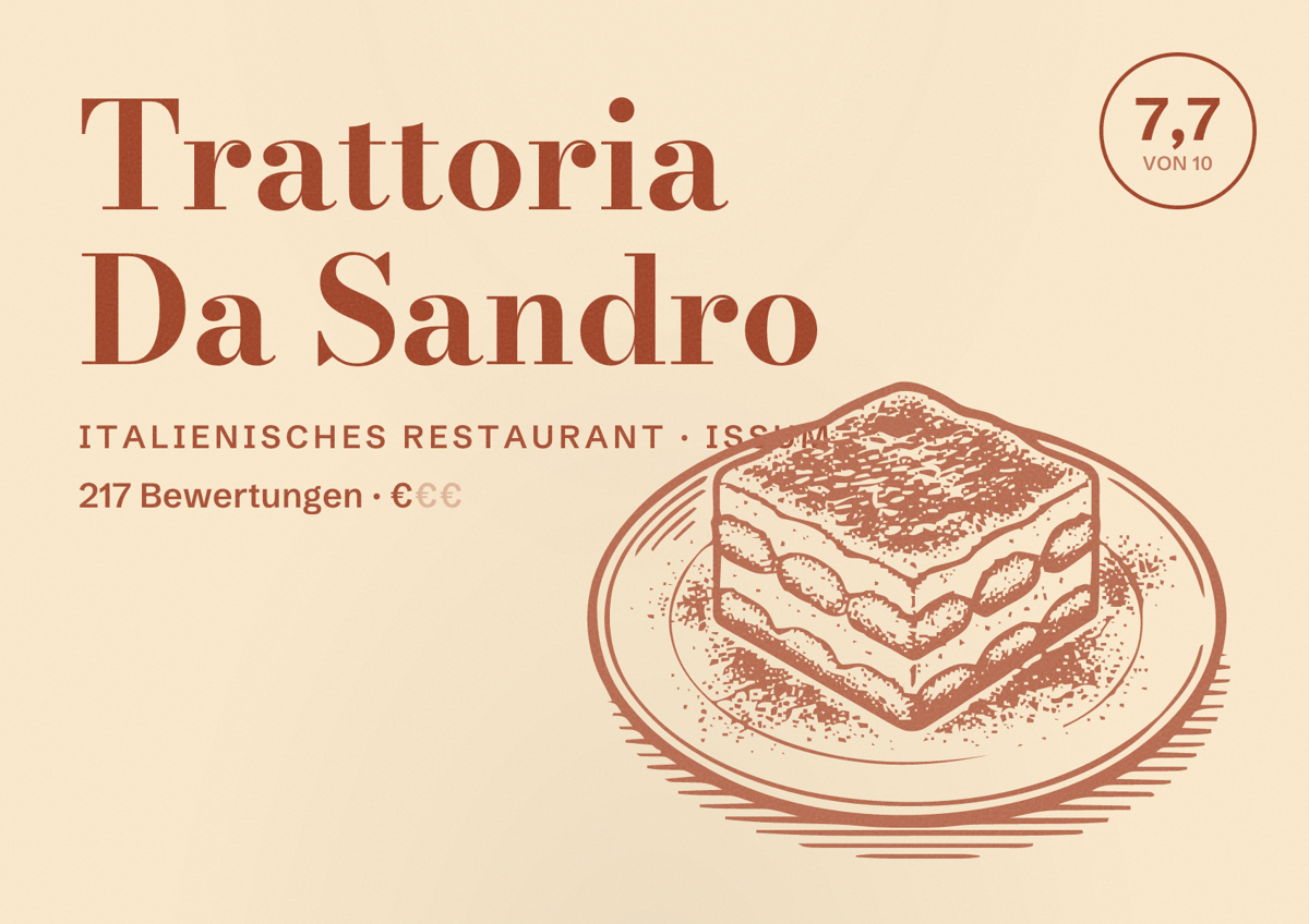 Illustriertes Poster von Trattoria Da Sandro, Italienisches Restaurant in Issum: Bewertung 7,7 von 10 aus 217 Bewertungen, Preisniveau €