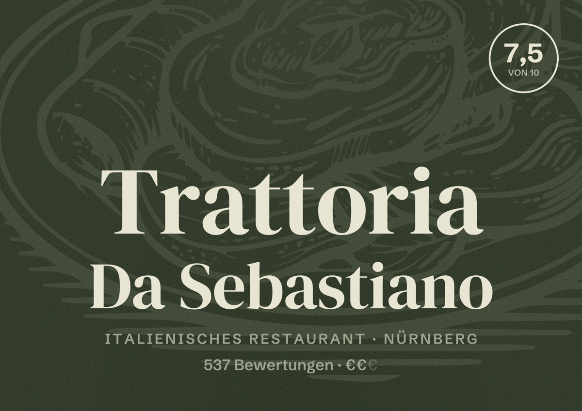 Illustriertes Poster von Trattoria Da Sebastiano, Italienisches Restaurant in Nürnberg: Bewertung 7,5 von 10 aus 537 Bewertungen, Preisniveau €€