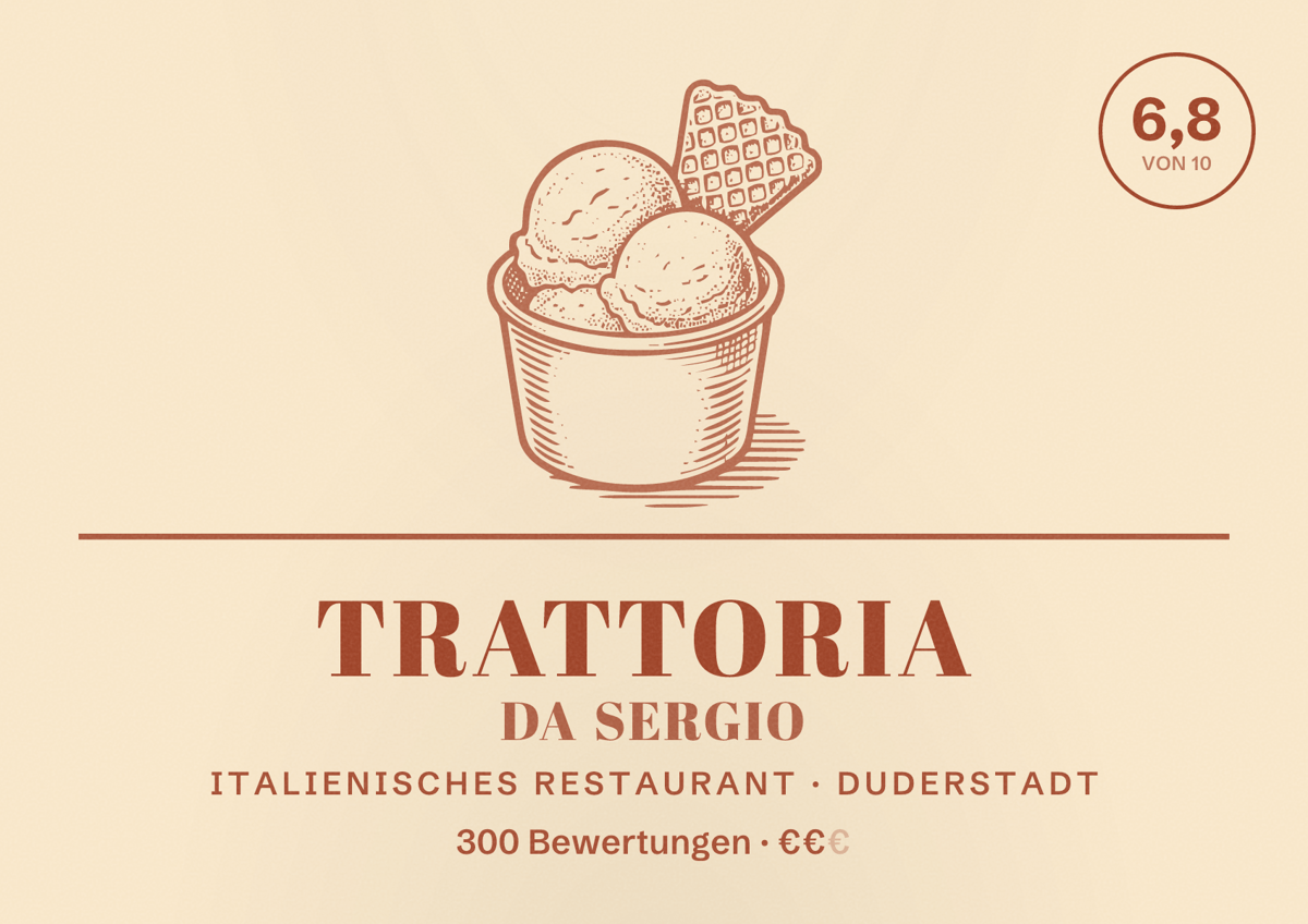 Illustriertes Poster von Trattoria da Sergio, Italienisches Restaurant in Duderstadt: Bewertung 6,8 von 10 aus 300 Bewertungen, Preisniveau €€