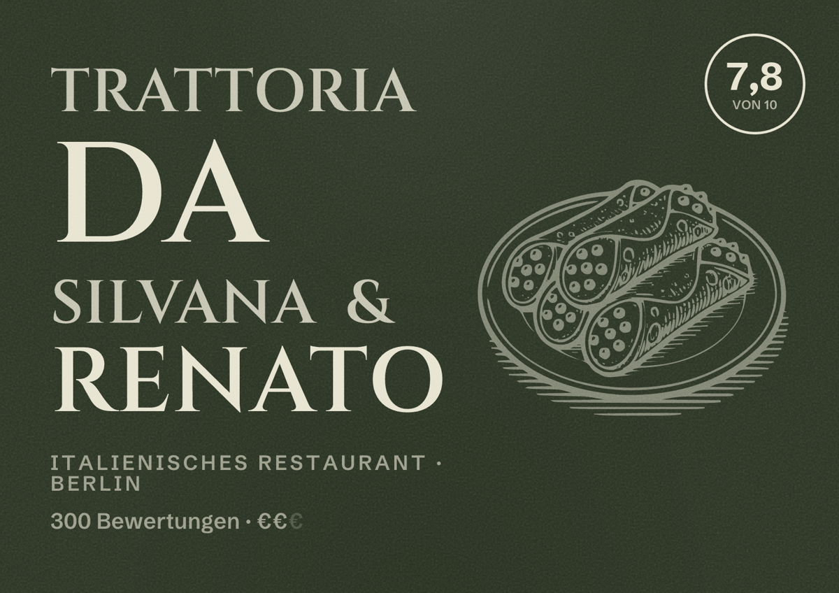 Illustriertes Poster von Trattoria da Silvana & Renato, Italienisches Restaurant in Berlin: Bewertung 7,8 von 10 aus 300 Bewertungen, Preisniveau €€