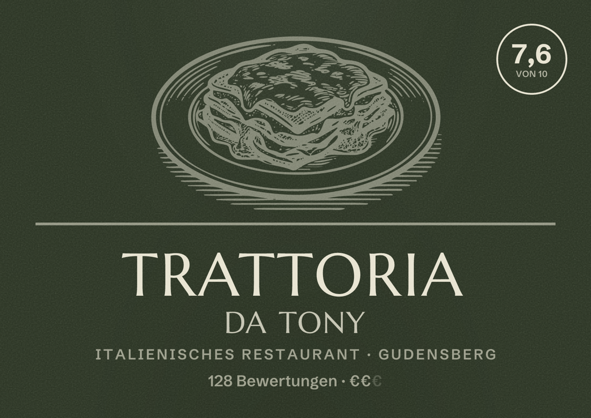 Illustriertes Poster von Trattoria da tony, Italienisches Restaurant in Gudensberg: Bewertung 7,6 von 10 aus 128 Bewertungen, Preisniveau €€