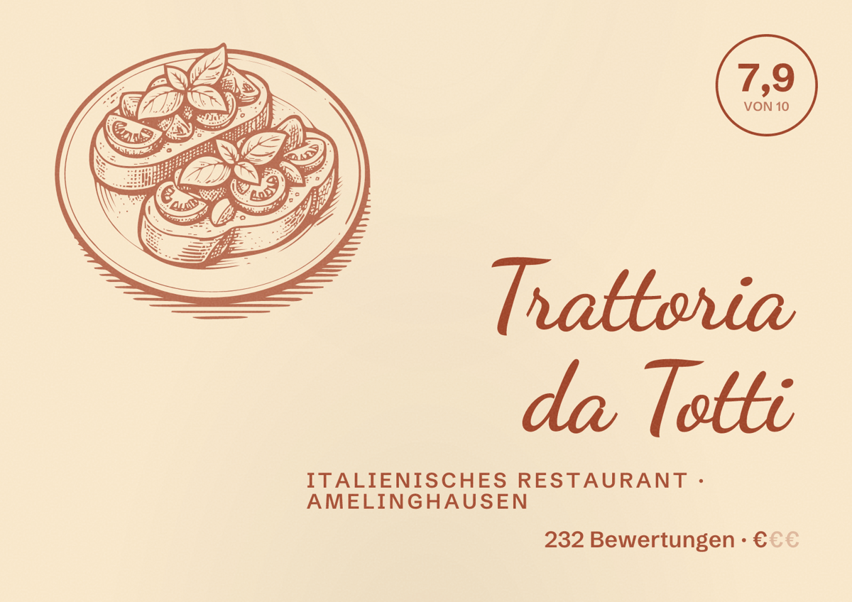 Illustriertes Poster von Trattoria da Totti, Italienisches Restaurant in Amelinghausen: Bewertung 7,9 von 10 aus 232 Bewertungen, Preisniveau €