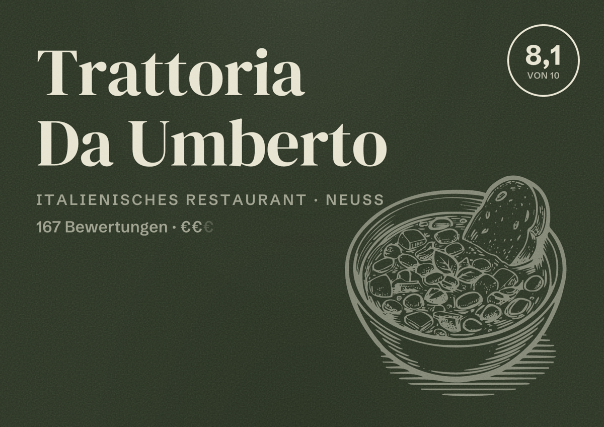 Illustriertes Poster von Trattoria Da Umberto, Italienisches Restaurant in Neuss: Bewertung 8,1 von 10 aus 167 Bewertungen, Preisniveau €€