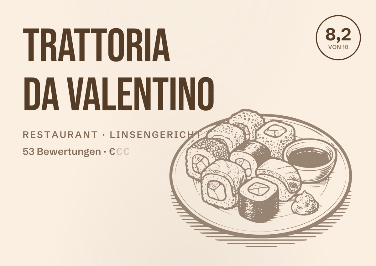 Illustriertes Poster von Trattoria da Valentino, Restaurant in Linsengericht: Bewertung 8,2 von 10 aus 53 Bewertungen, Preisniveau €