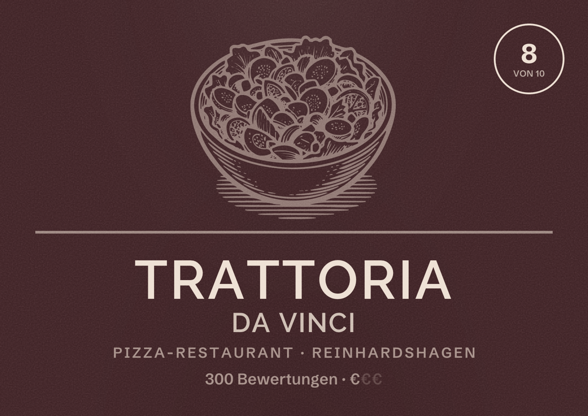 Illustriertes Poster von Trattoria Da Vinci, Pizza-Restaurant in Reinhardshagen: Bewertung 8 von 10 aus 300 Bewertungen, Preisniveau €