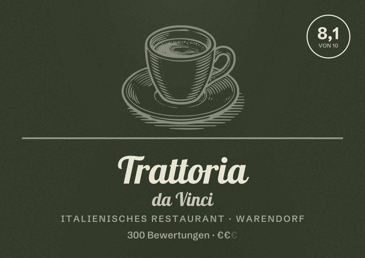 Illustriertes Poster von Trattoria da Vinci, Italienisches Restaurant in Warendorf: Bewertung 8,1 von 10 aus 300 Bewertungen, Preisniveau €€