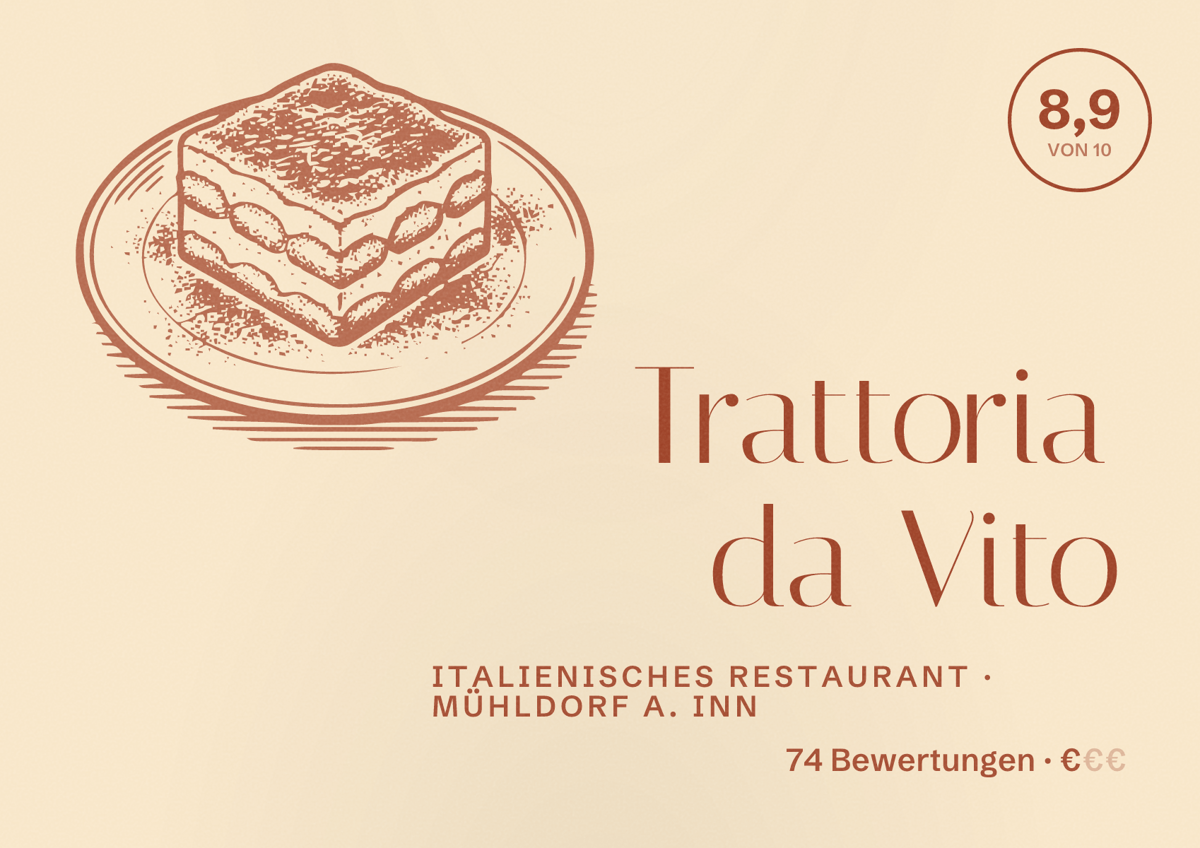 Illustriertes Poster von Trattoria da Vito, Italienisches Restaurant in Mühldorf a. Inn: Bewertung 8,9 von 10 aus 74 Bewertungen, Preisniveau €