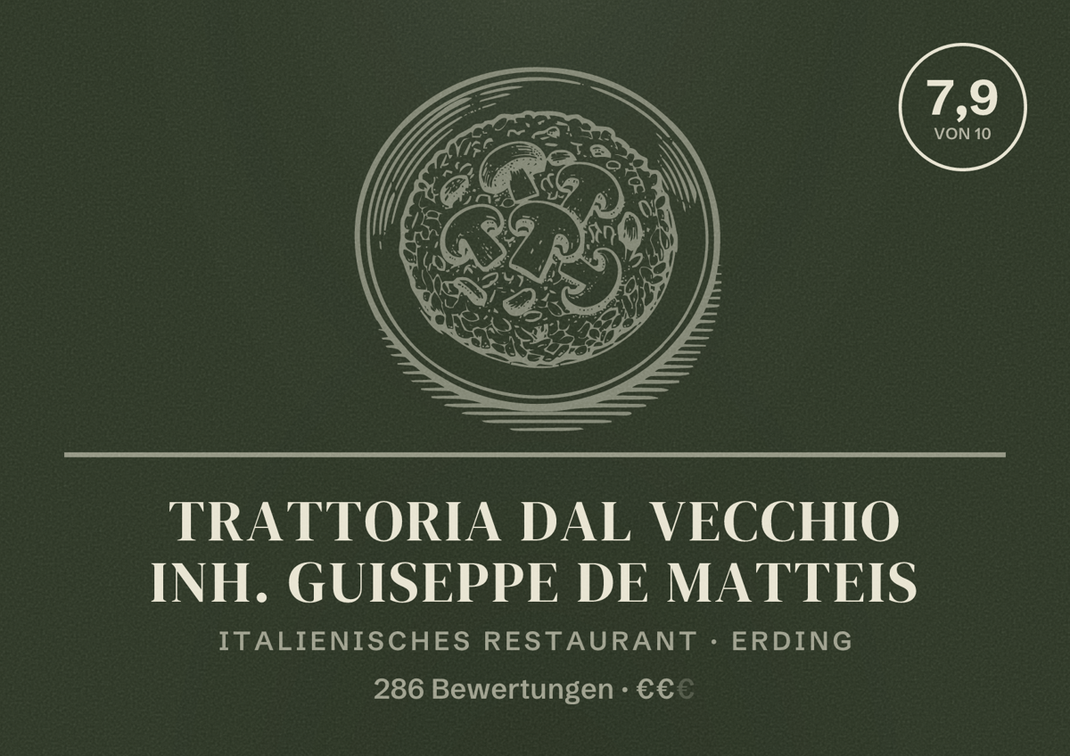 Illustriertes Poster von Trattoria Dal Vecchio Inh. Guiseppe De Matteis, Italienisches Restaurant in Erding: Bewertung 7,9 von 10 aus 286 Bewertungen, Preisniveau €€