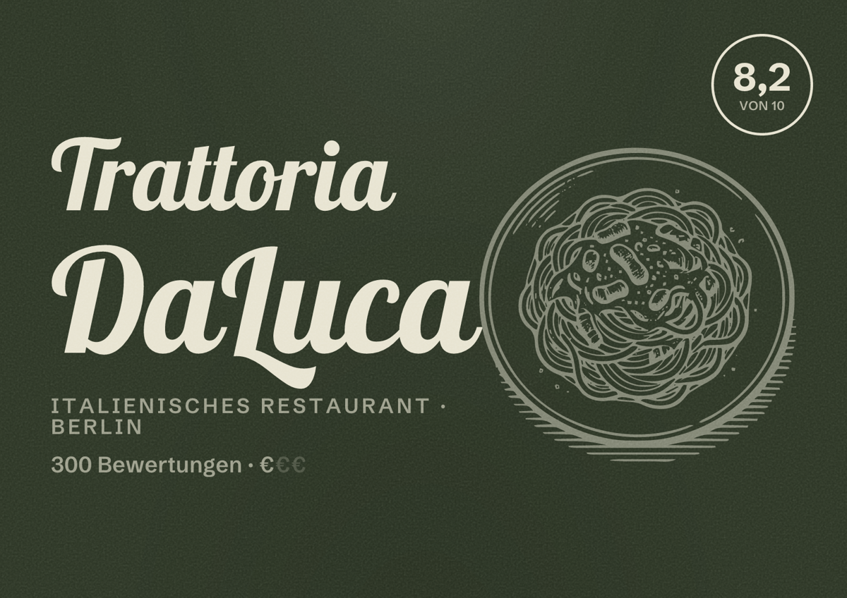 Illustriertes Poster von Trattoria DaLuca, Italienisches Restaurant in Berlin: Bewertung 8,2 von 10 aus 300 Bewertungen, Preisniveau €