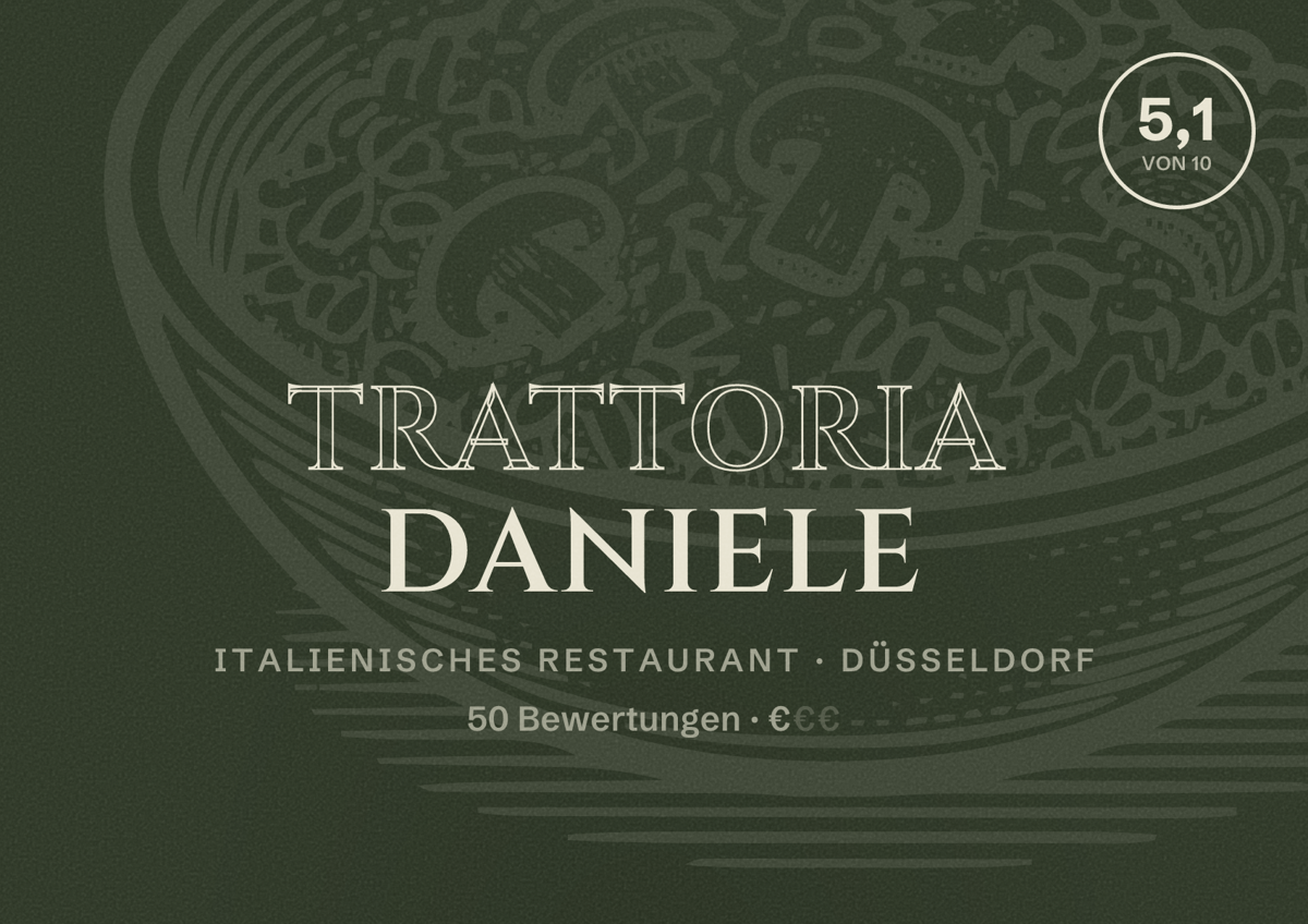 Illustriertes Poster von Trattoria Daniele, Italienisches Restaurant in Düsseldorf: Bewertung 5,1 von 10 aus 50 Bewertungen, Preisniveau €