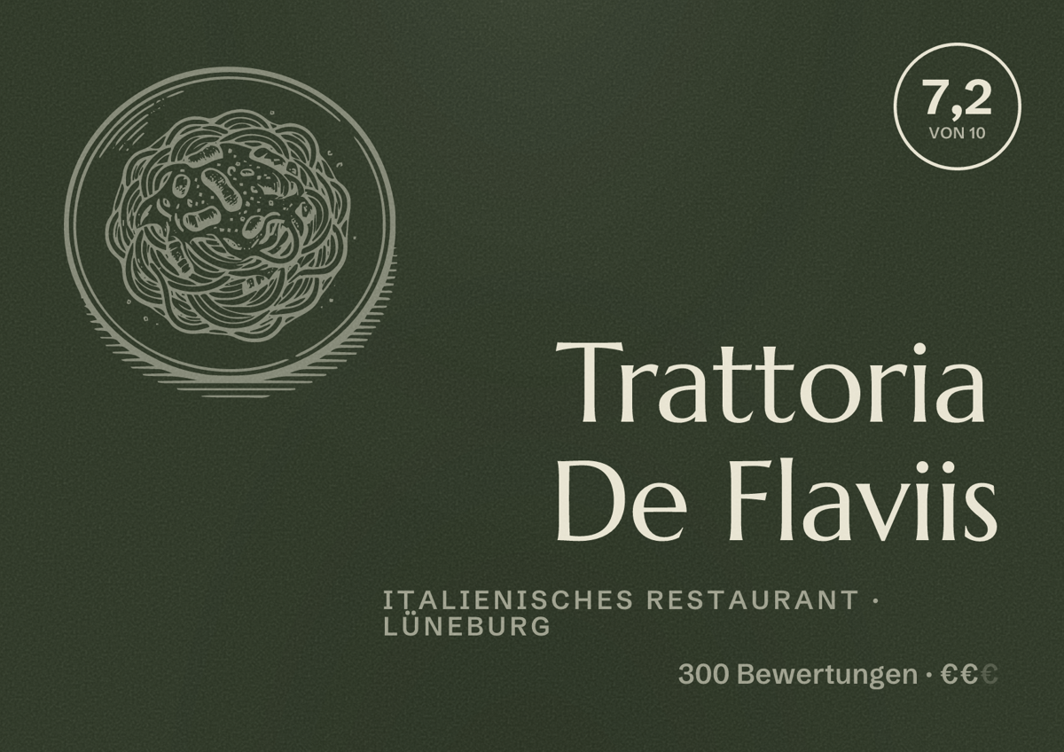 Illustriertes Poster von Trattoria De Flaviis, Italienisches Restaurant in Lüneburg: Bewertung 7,2 von 10 aus 300 Bewertungen, Preisniveau €€