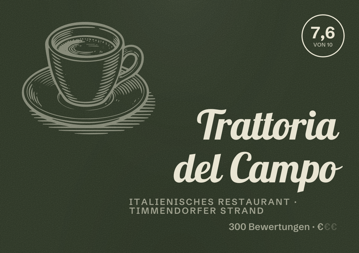 Illustriertes Poster von Trattoria del Campo, Italienisches Restaurant in Timmendorfer Strand: Bewertung 7,6 von 10 aus 300 Bewertungen, Preisniveau €