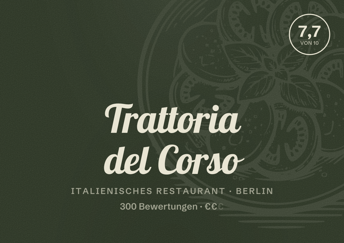 Illustriertes Poster von Trattoria del Corso, Italienisches Restaurant in Berlin: Bewertung 7,7 von 10 aus 300 Bewertungen, Preisniveau €€