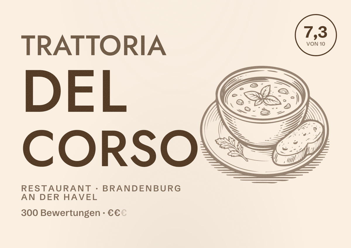 Illustriertes Poster von Trattoria Del Corso, Restaurant in Brandenburg an der Havel: Bewertung 7,3 von 10 aus 300 Bewertungen, Preisniveau €€