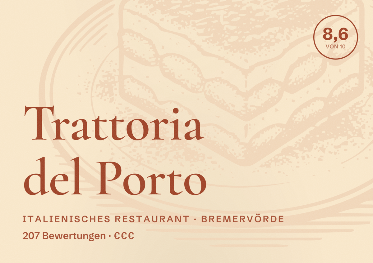 Illustriertes Poster von Trattoria del Porto, Italienisches Restaurant in Bremervörde: Bewertung 8,6 von 10 aus 207 Bewertungen, Preisniveau €€€