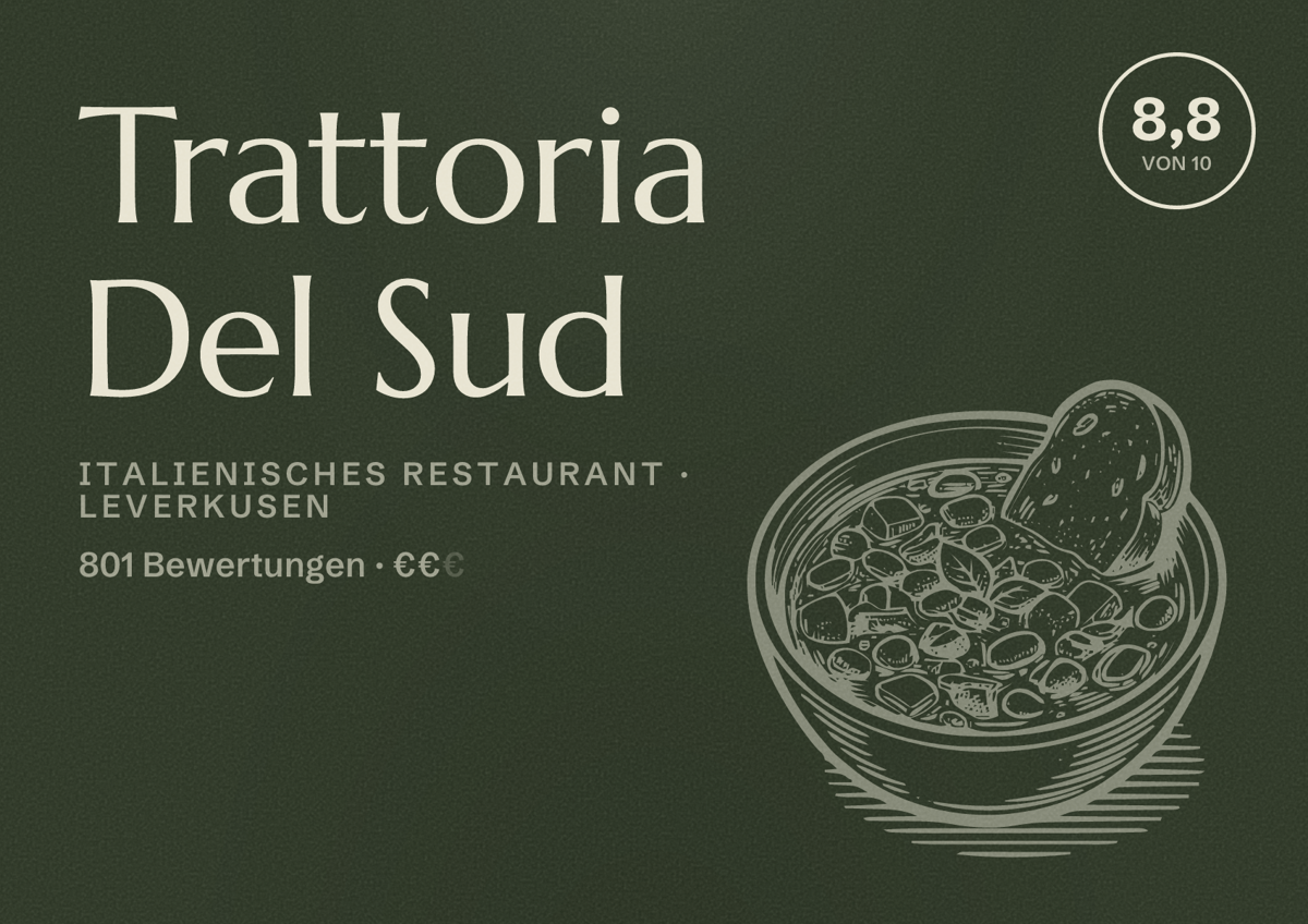 Illustriertes Poster von Trattoria Del Sud, Italienisches Restaurant in Leverkusen: Bewertung 8,8 von 10 aus 801 Bewertungen, Preisniveau €€