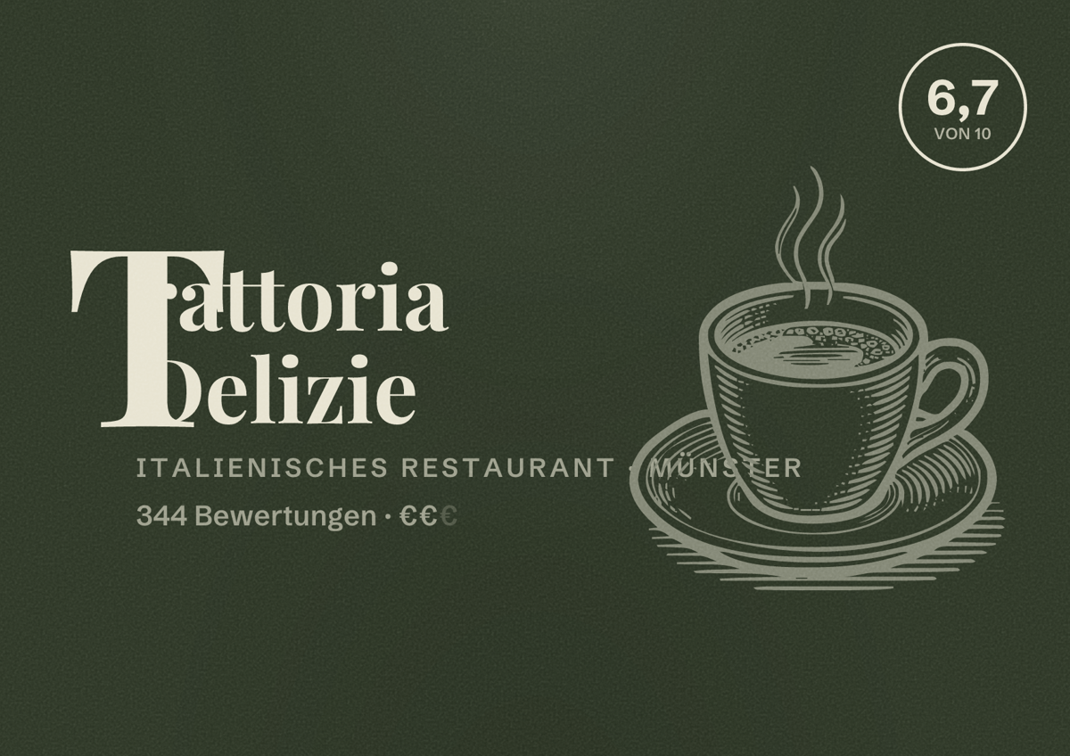 Illustriertes Poster von Trattoria Delizie, Italienisches Restaurant in Münster: Bewertung 6,7 von 10 aus 344 Bewertungen, Preisniveau €€